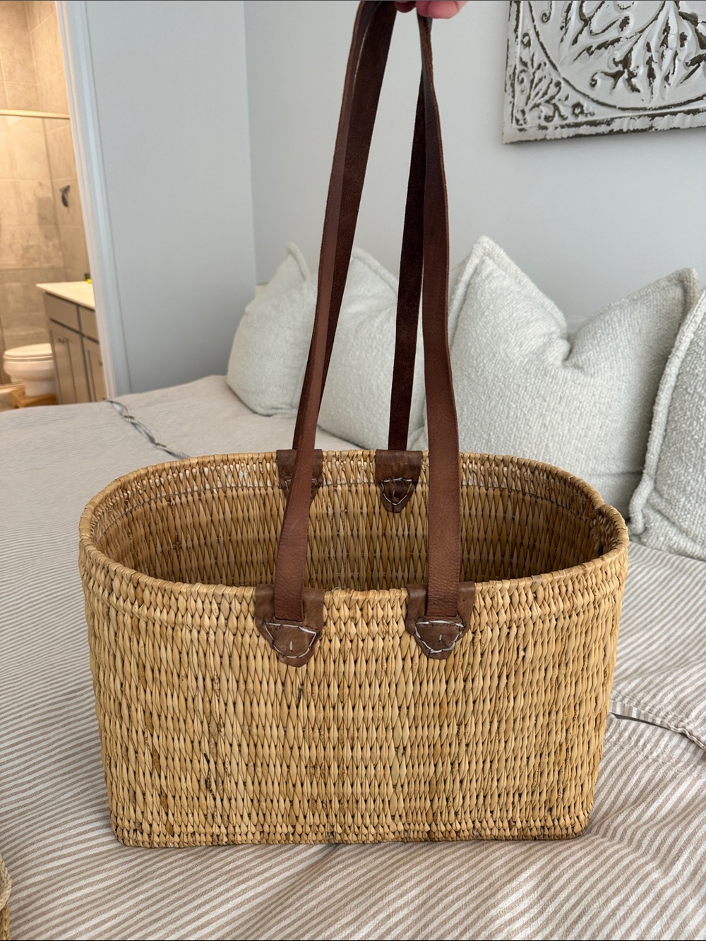 Woven Straw Tote Bag with Brown Leather Straps